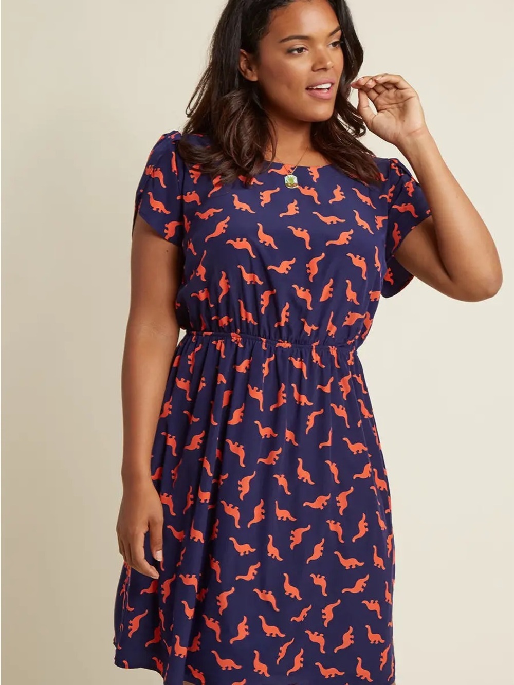 Navy & Coral Dinosaur Print Short Sleeve Dress - Picture 6 of 6